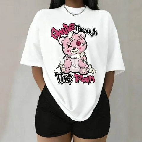 Women Cotton T-Shirt Casual Cartoon Bear Print Round Neck Short Sleeve Top Loose Fit Mid-Length Soft Breathable T-Shirt
