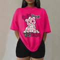 Women Cotton T-Shirt Casual Cartoon Bear Print Round Neck Short Sleeve Top Loose Fit Mid-Length Soft Breathable T-Shirt