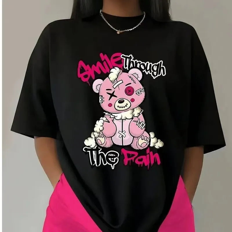 Women Cotton T-Shirt Casual Cartoon Bear Print Round Neck Short Sleeve Top Loose Fit Mid-Length Soft Breathable T-Shirt