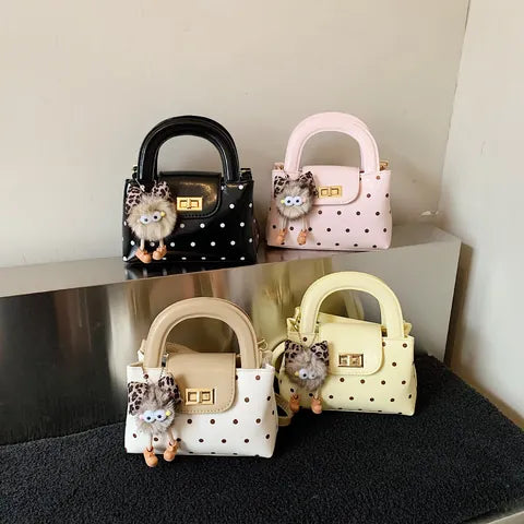 Polka Dot PU Leather Handbag For Women Vintage Contrast Color Crossbody Bag With Plush Pendant Gold Metal Lock Top Handle Bag