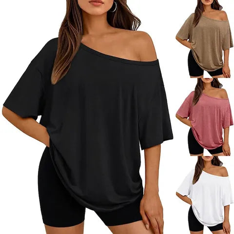 Women Off Shoulder T-Shirt One Shoulder Loose Round Neck Short Sleeve Solid Color Cotton Casual Top